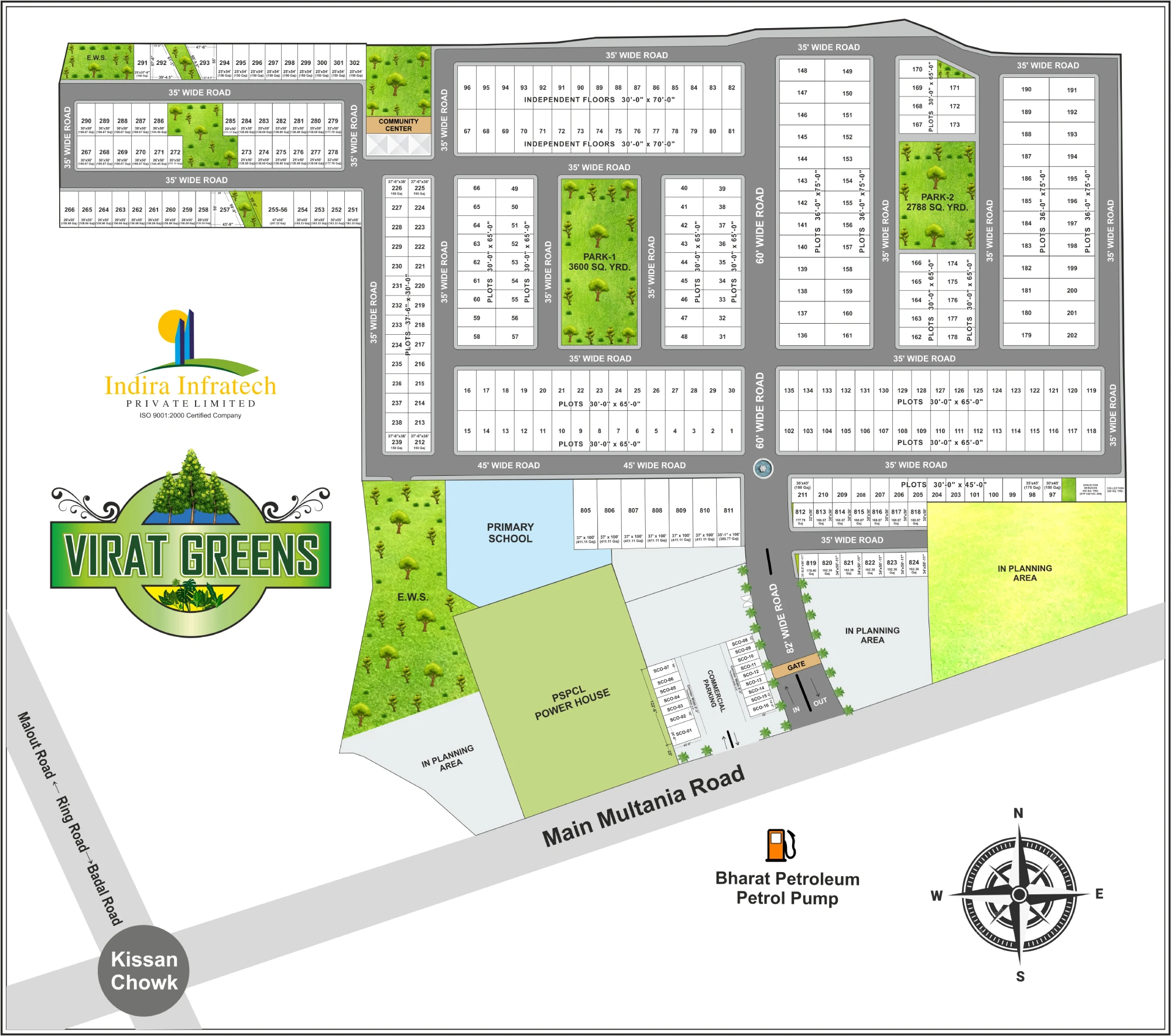 Virat Greens Master Site Plan - 32.5 acres township layout showing residential plots, green spaces, roads, and amenities